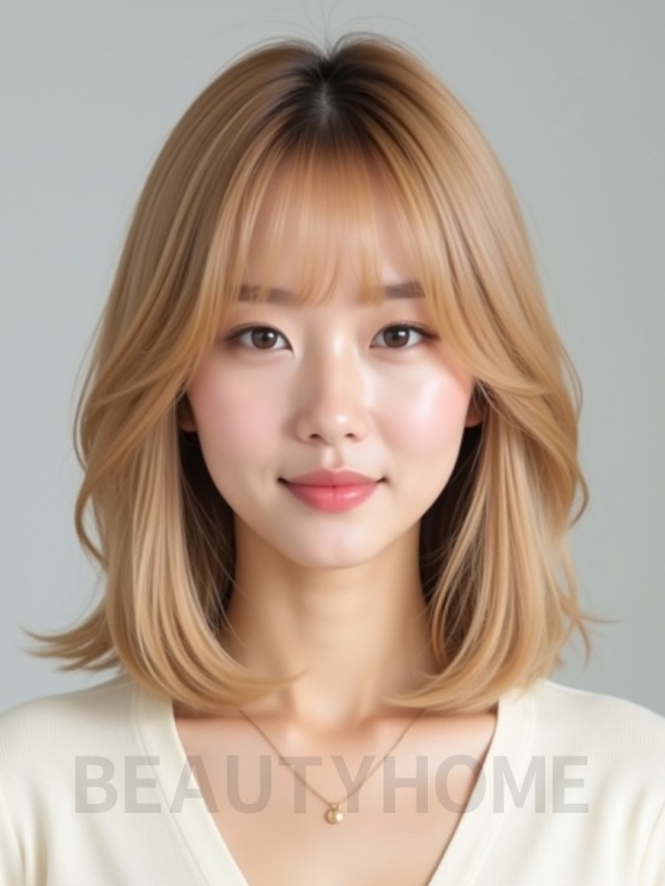 골든 블론드 쇄골 스트레이트 단발+시스루뱅