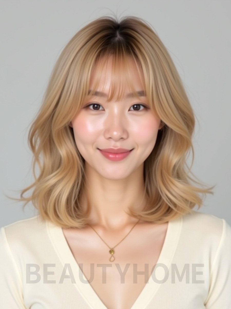 골든 블론드 턱밑 블런트 단발+커튼뱅