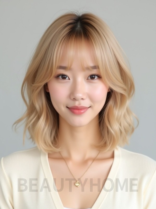 골든 블론드 턱밑 웨이브 단발+커튼뱅