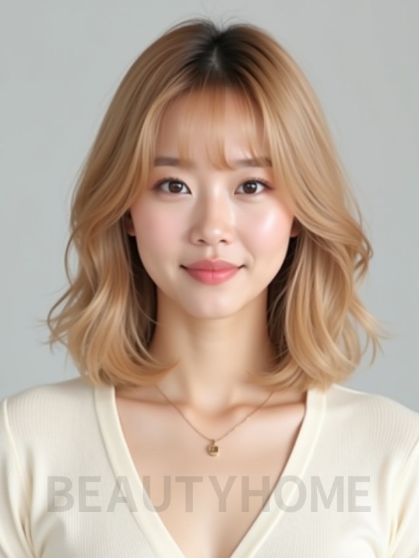 골든 블론드 어깨 그라데이션 단발+사이드뱅