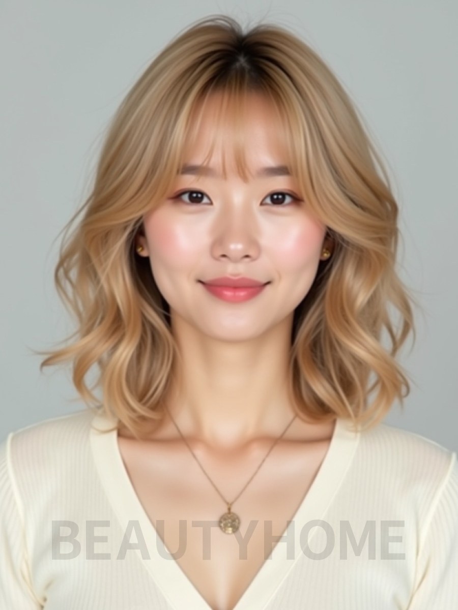골든 블론드 어깨 웨이브 단발+시스루뱅