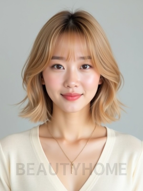골든 블론드 턱밑 스택 단발+뱅