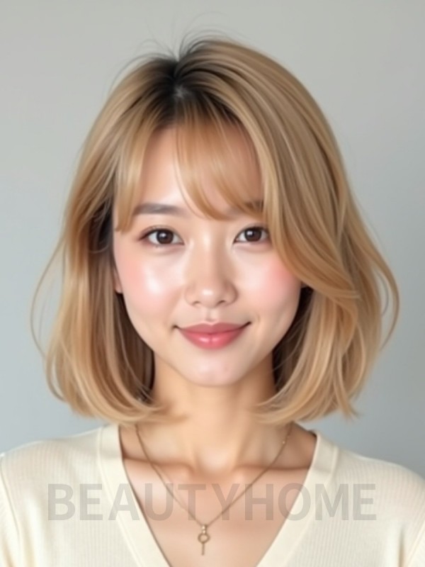 골든 블론드 턱밑 스택 단발+사이드뱅