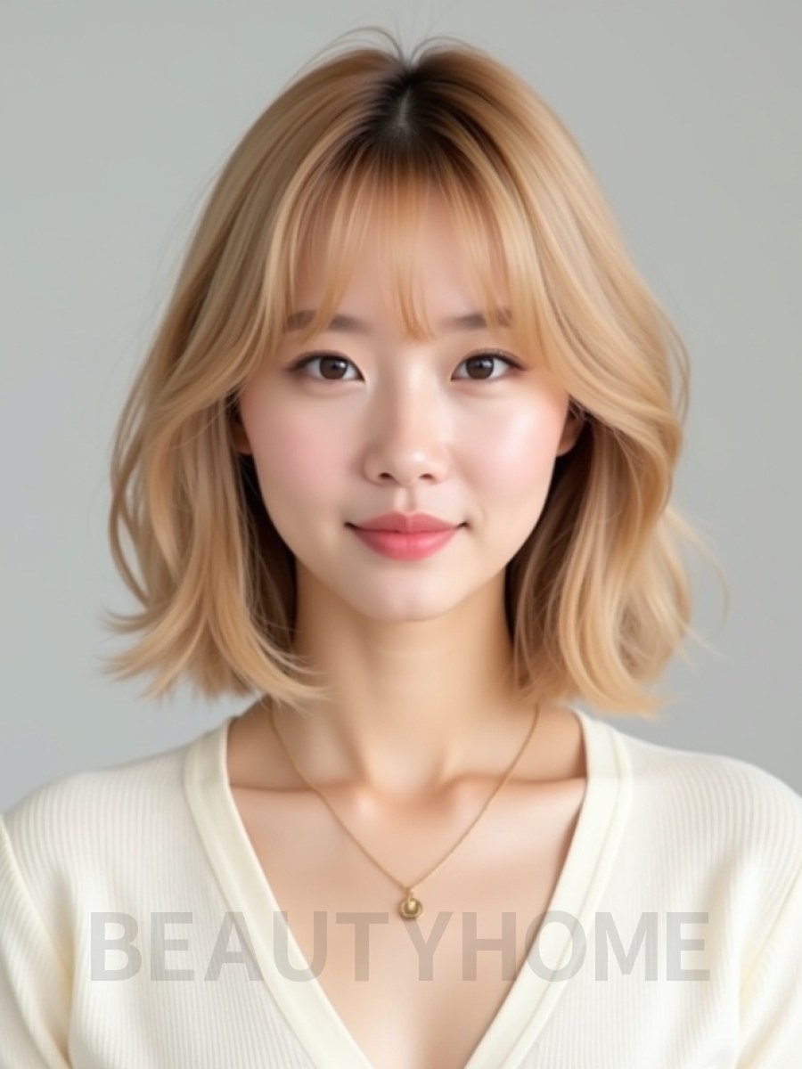 골든 블론드 쇄골 스택 단발+풀뱅