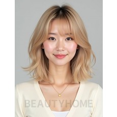 골든 블론드 어깨 비대칭 단발+뱅