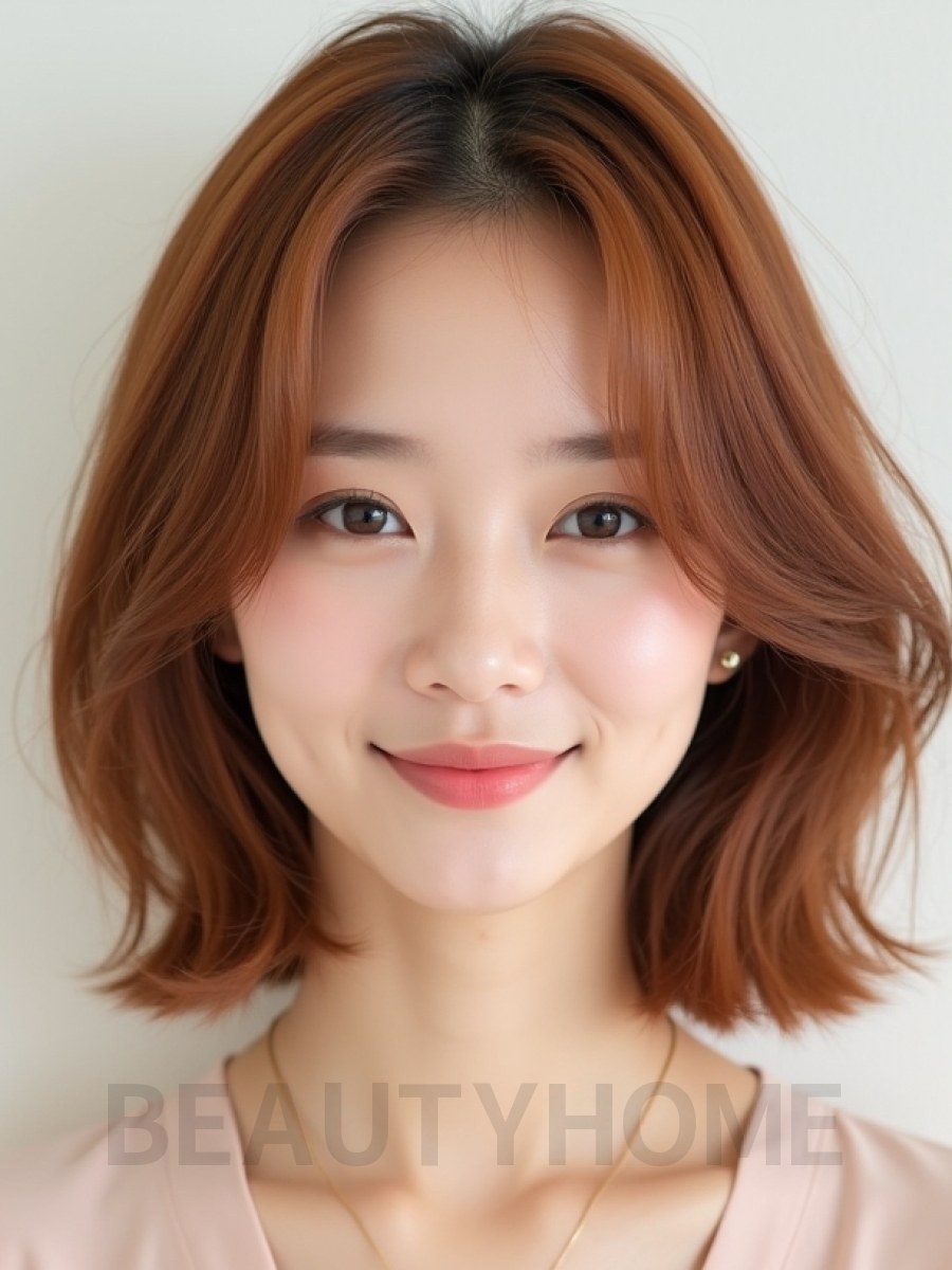 베이지 브라운 턱밑 스택 단발