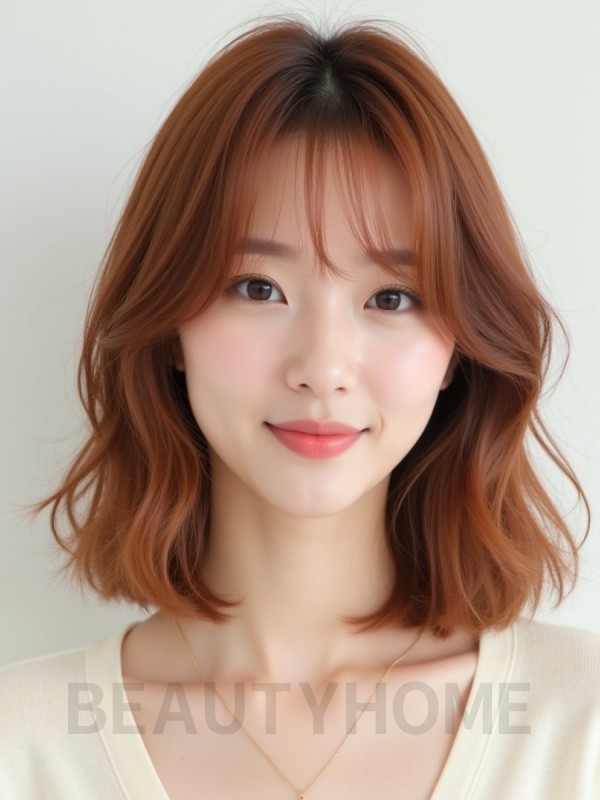 베이지 브라운 어깨 텍스처 단발+시스루뱅