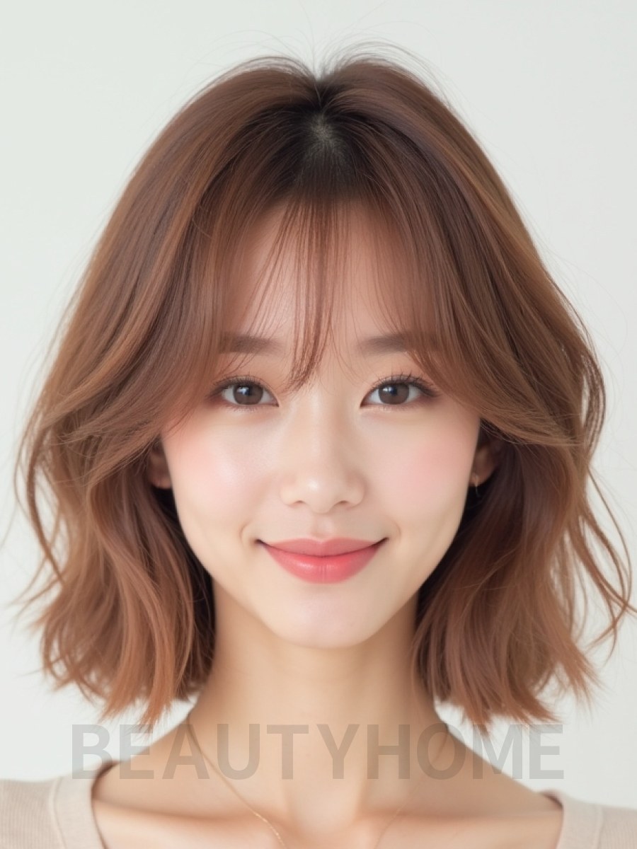 로즈 브라운 쇄골 웨이브 단발+시스루뱅