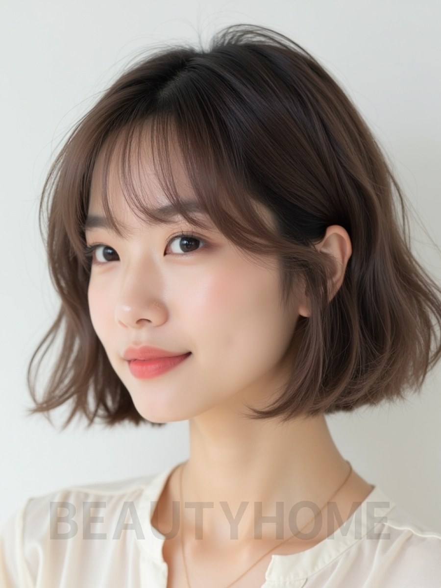 애쉬 브라운 귀밑 텍스처 단발+시스루뱅