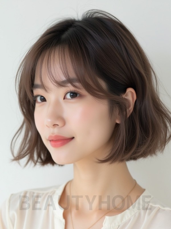 애쉬 브라운 귀밑 텍스처 단발+시스루뱅