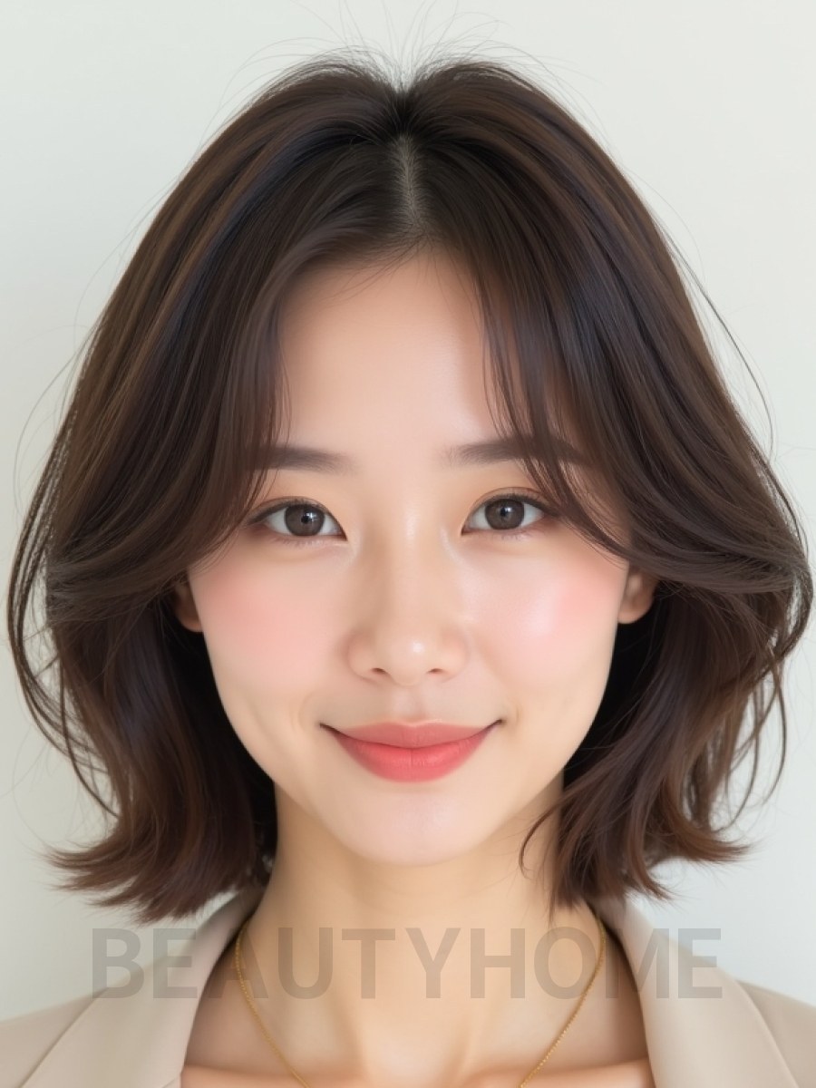 애쉬 브라운 턱밑 텍스처 단발+사이드뱅