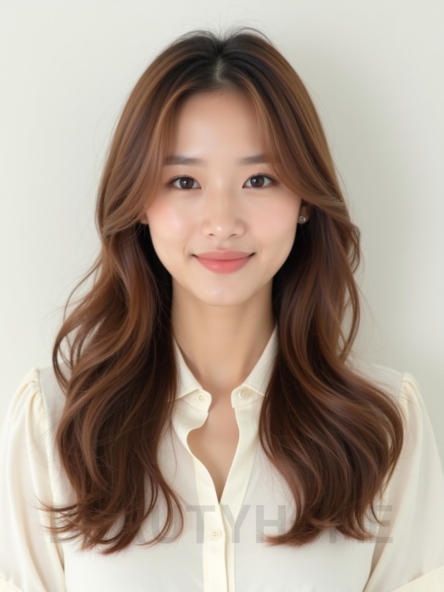 베이지 브라운 긴 웨이브+사이드뱅