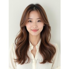 베이지 브라운 긴 웨이브+사이드뱅