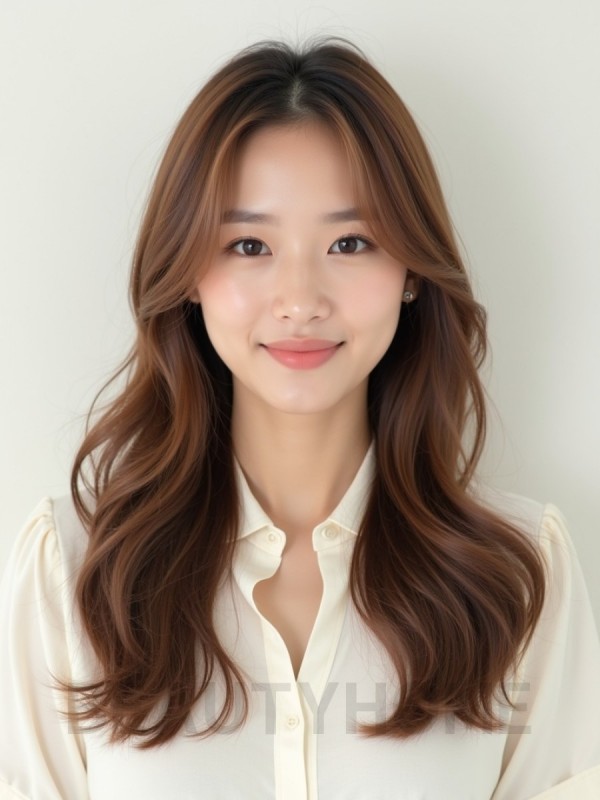베이지 브라운 긴 웨이브+사이드뱅