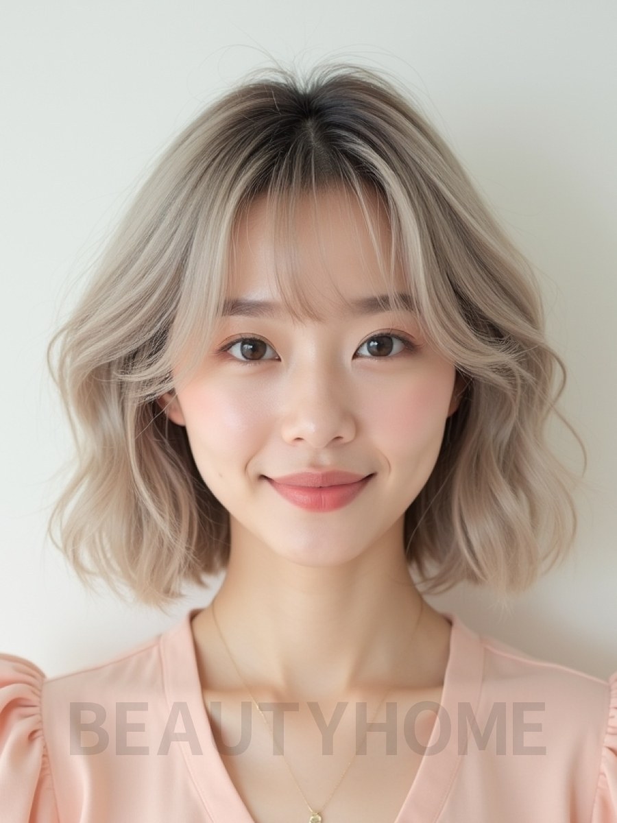 애쉬 블론드 쇄골 컬 단발+풀뱅