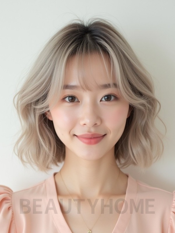 애쉬 블론드 쇄골 컬 단발+풀뱅