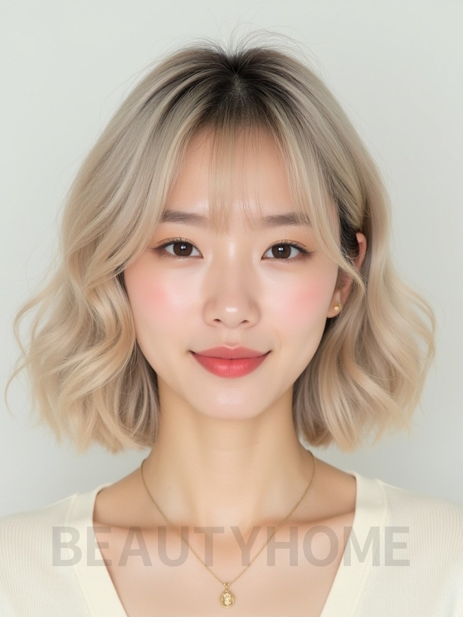 애쉬 블론드 턱선 컬 단발+커튼뱅
