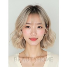 애쉬 블론드 턱선 컬 단발+커튼뱅