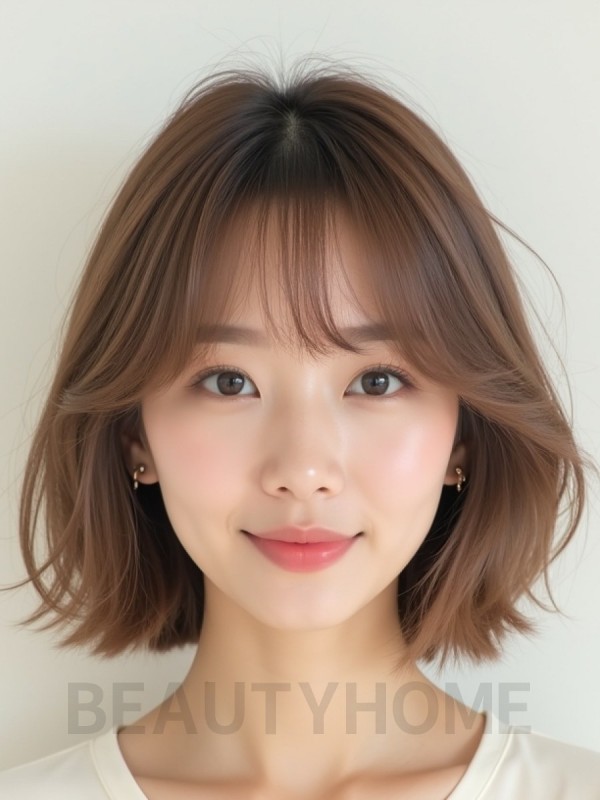 베이지 브라운 쇄골 블런트 단발+커튼뱅