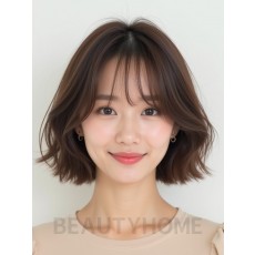그레ige 브라운 쇄골 컬 단발+사이드뱅