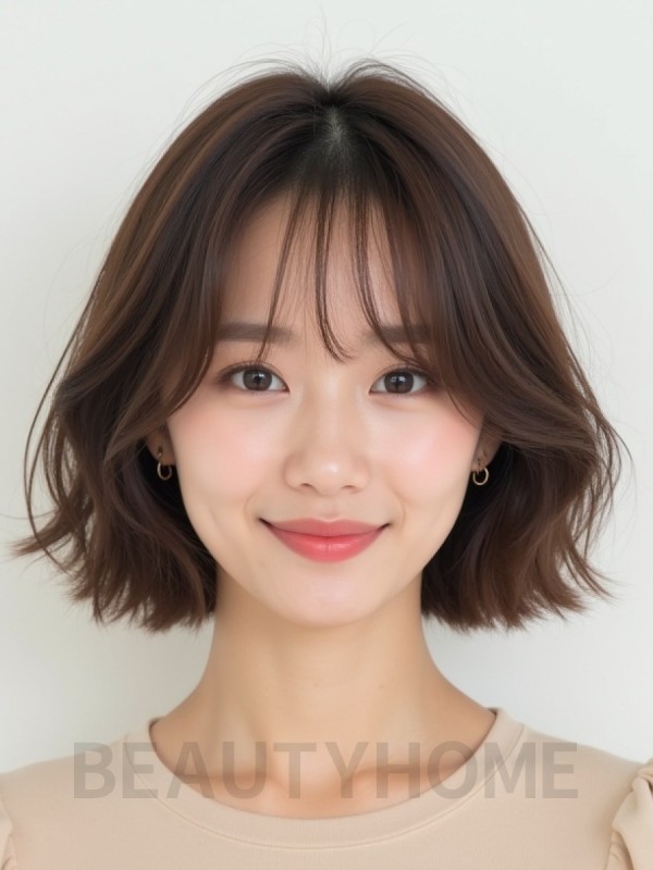 그레ige 브라운 쇄골 컬 단발+사이드뱅