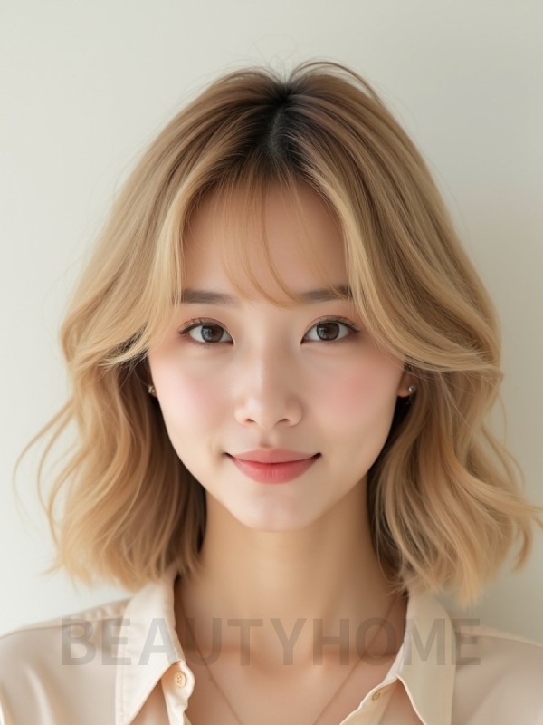 샌드 블론드 쇄골 레이어드 단발+시스루뱅