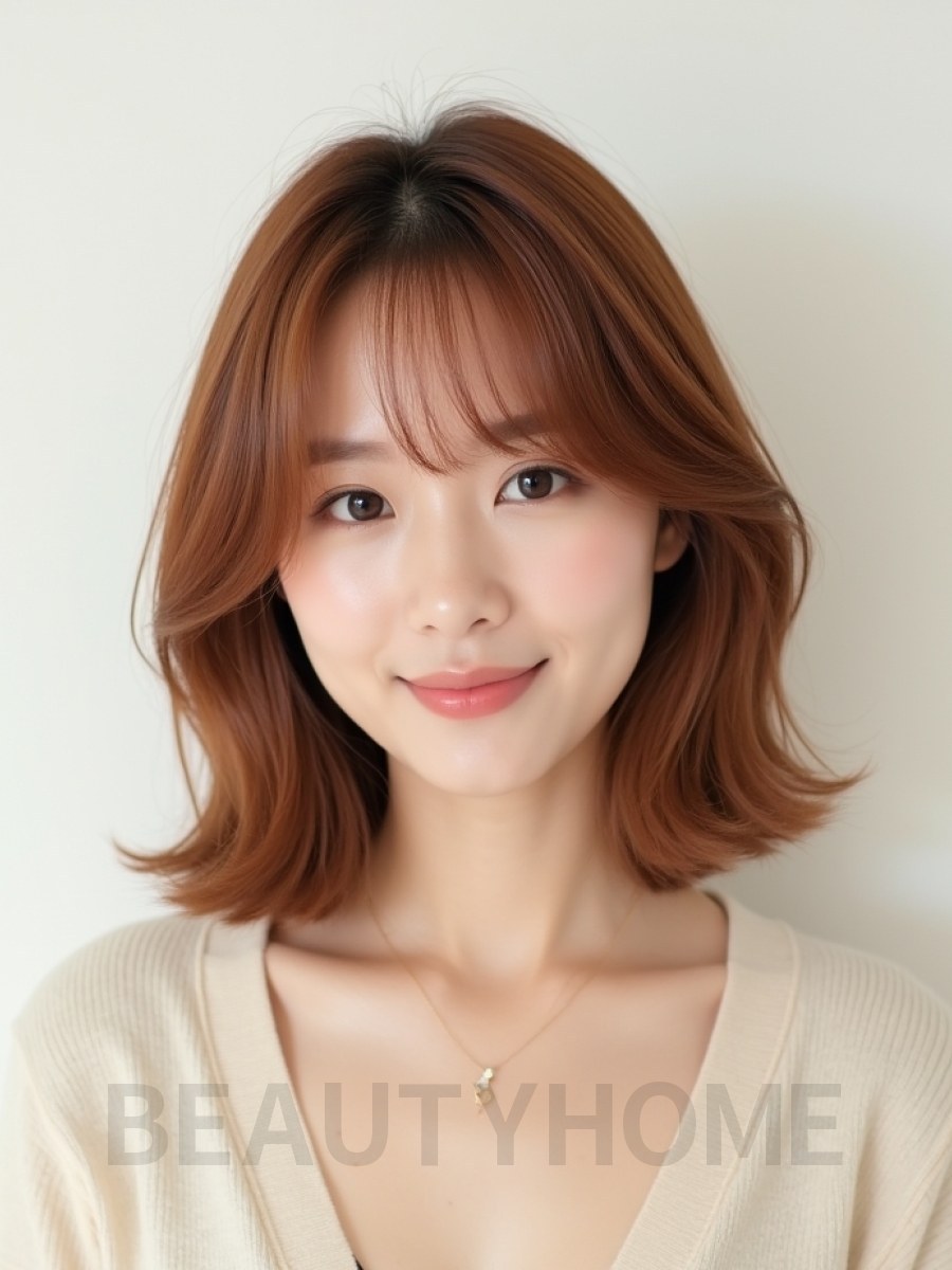 베이지 브라운 쇄골 인버티드 단발+사이드뱅
