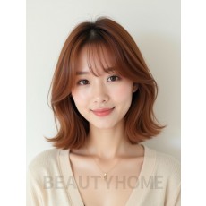 베이지 브라운 쇄골 인버티드 단발+사이드뱅