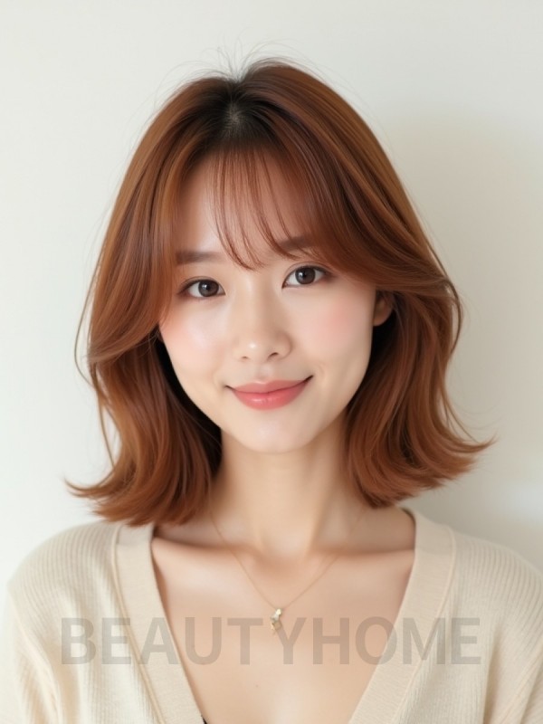 베이지 브라운 쇄골 인버티드 단발+사이드뱅