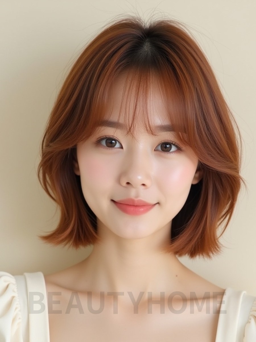 베이지 브라운 턱밑 레이어드 단발+커튼뱅