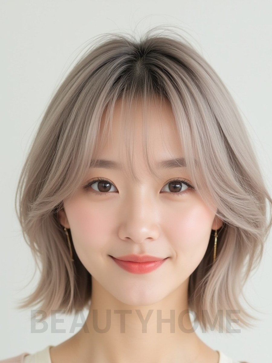 애쉬 블론드 턱밑 블런트 단발+풀뱅