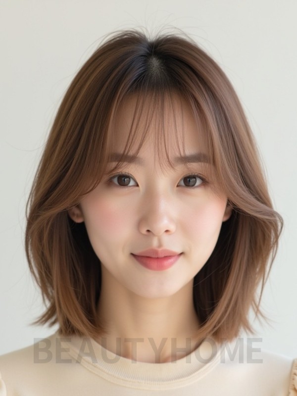밀크티 브라운 턱밑 스트레이트 단발+커튼뱅