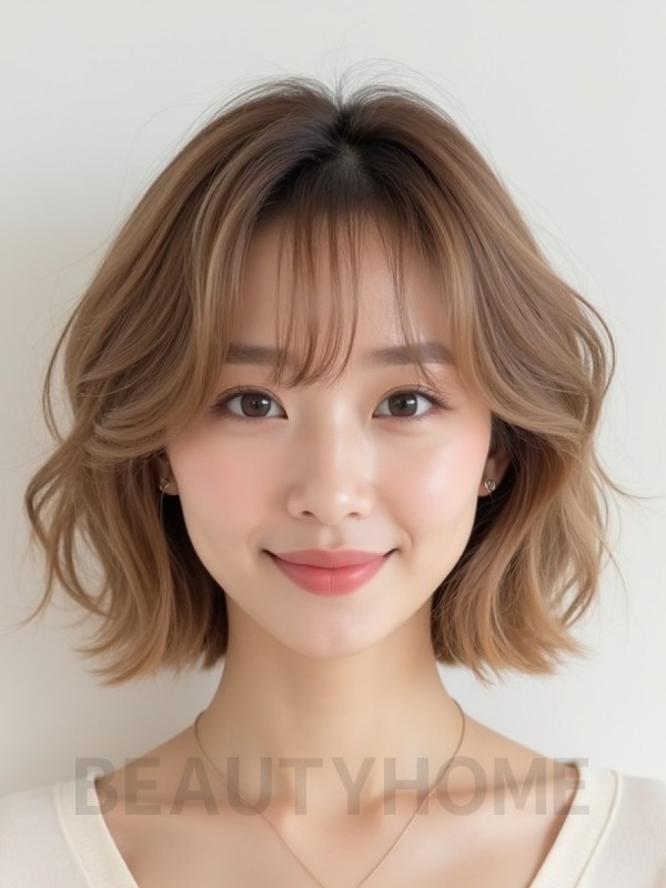 베이지 브라운 턱밑 컬 단발+뱅