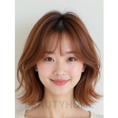 베이지 브라운 귀밑 웨이브 단발+시스루뱅