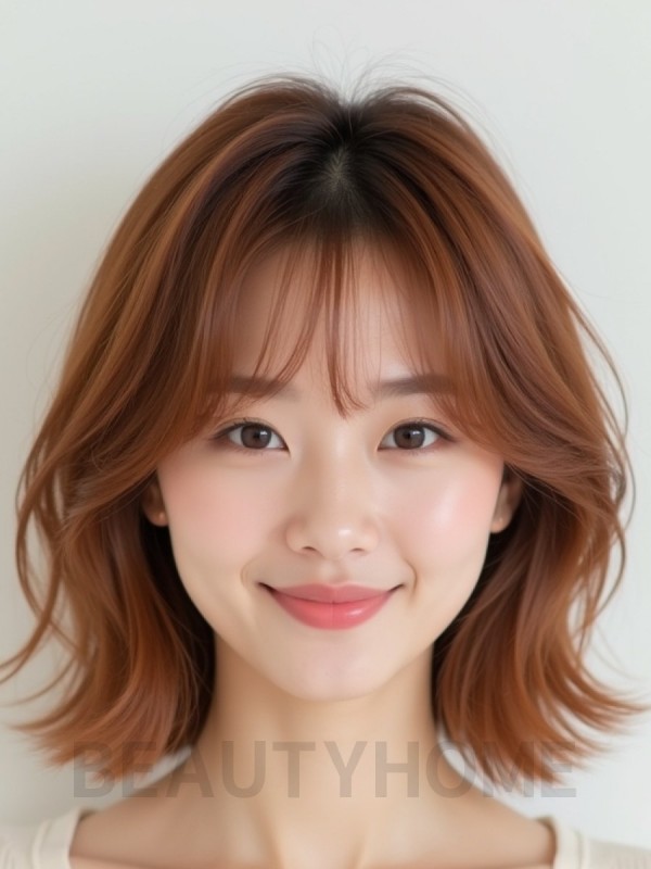 베이지 브라운 귀밑 웨이브 단발+시스루뱅