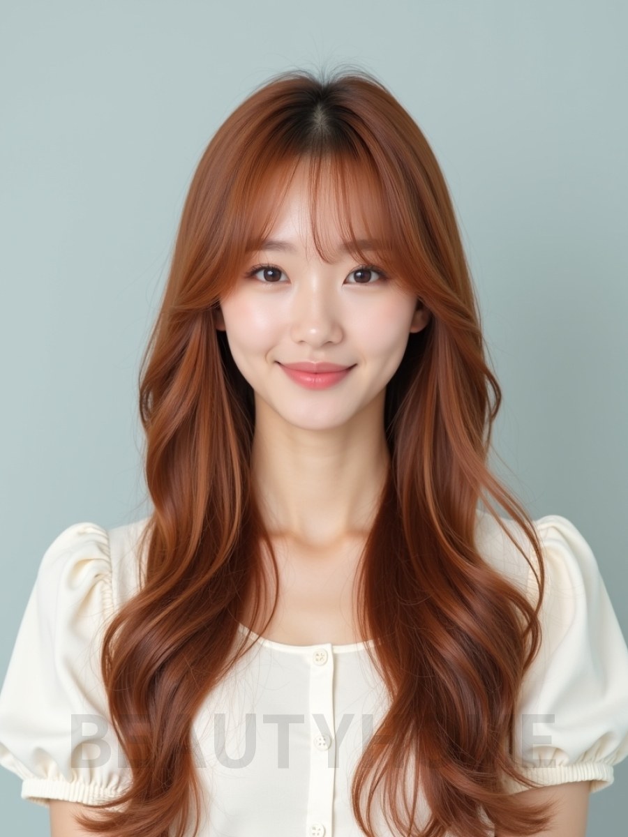 베이지 브라운 긴 컬+사이드뱅