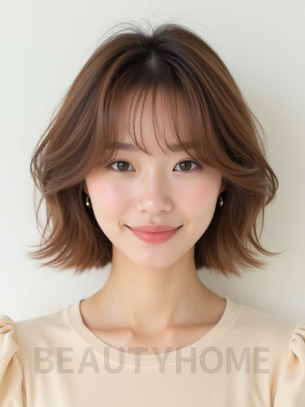 베이지 브라운 턱선 컬 단발+풀뱅