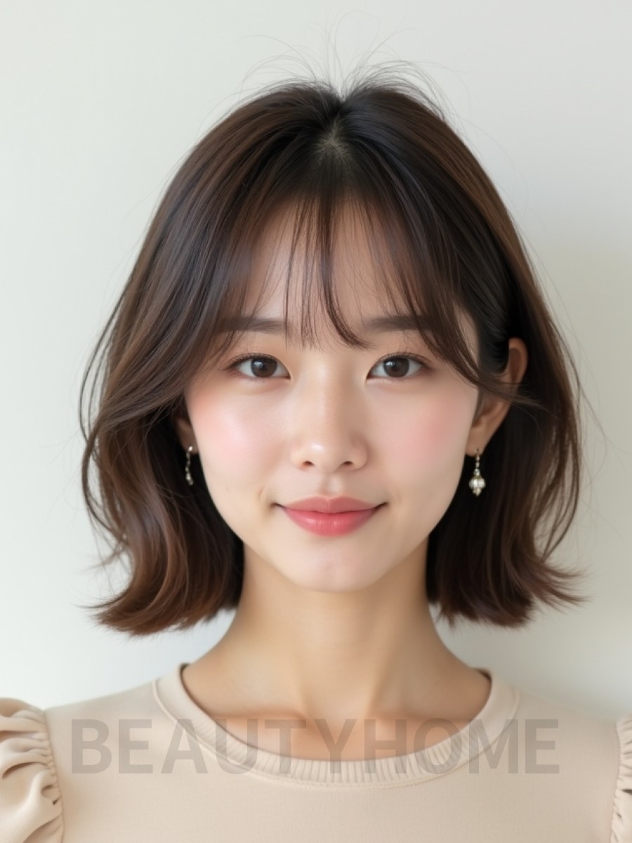 애쉬 브라운 턱선 레이어드 단발+커튼뱅