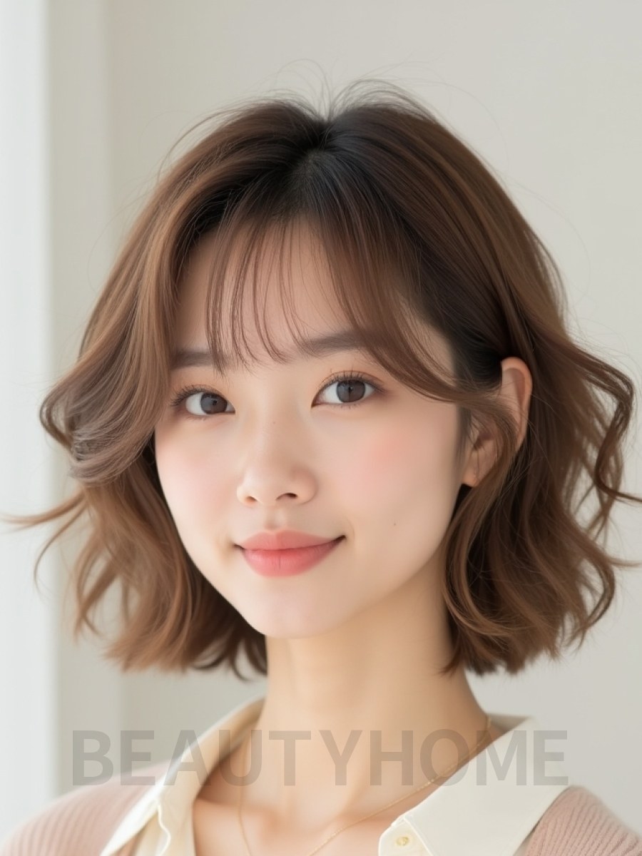 베이지 브라운 귀밑 컬 단발+뱅