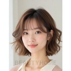 베이지 브라운 귀밑 컬 단발+뱅