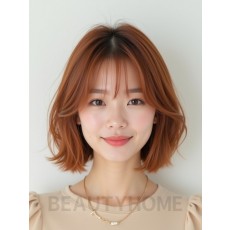 베이지 브라운 턱선 스트레이트 단발+풀뱅