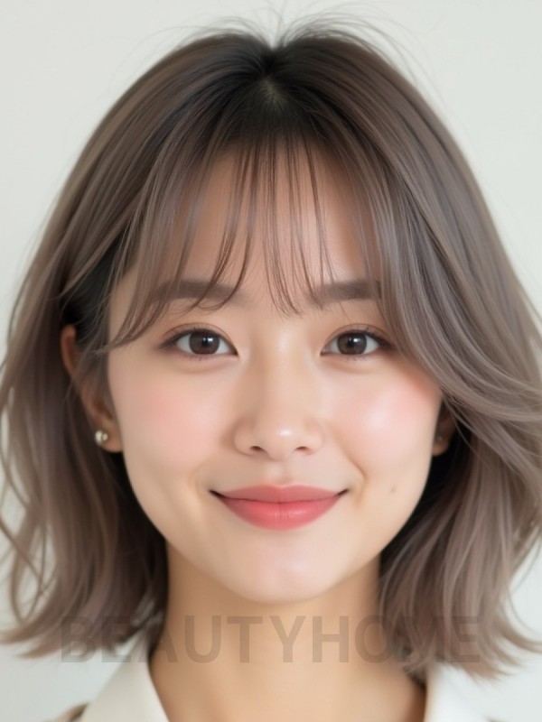 애쉬 브라운 쇄골 텍스처 단발+뱅