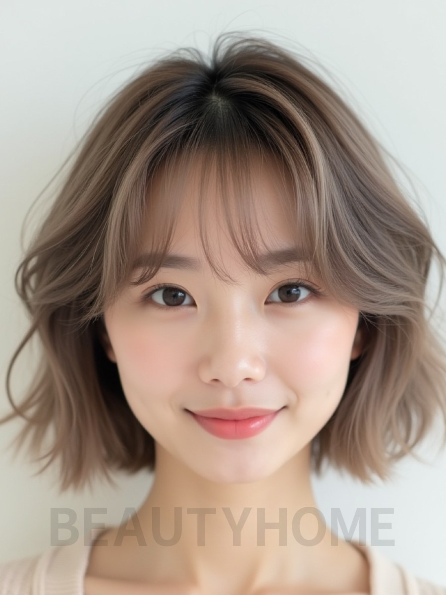 그레ige 브라운 귀밑 스택 단발+커튼뱅