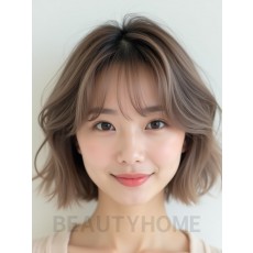그레ige 브라운 귀밑 스택 단발+커튼뱅