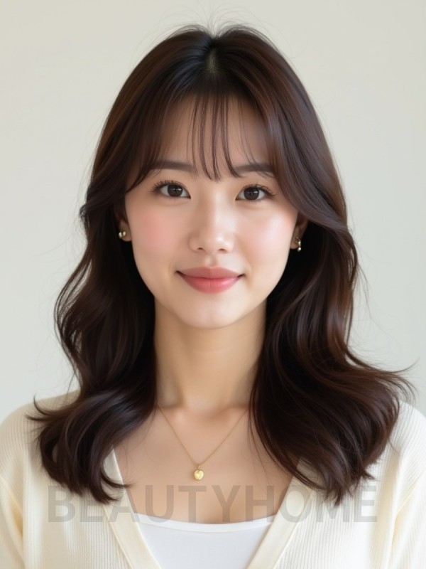 초콜릿 브라운 쇄골 웨이브+커튼뱅