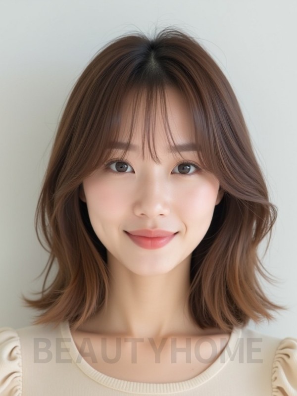 베이지 브라운 어깨 그라데이션 단발+뱅