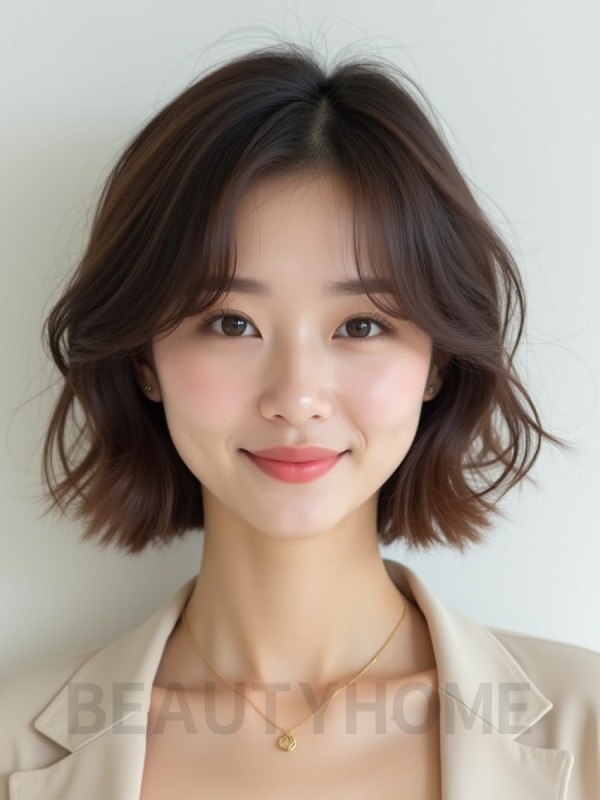 애쉬 브라운 귀밑 웨이브 단발+사이드뱅