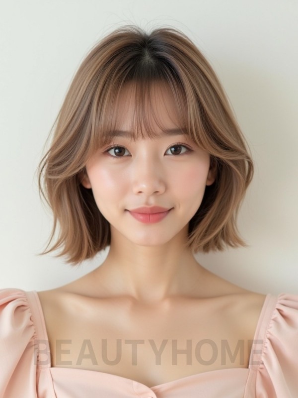 밀크티 브라운 턱선 블런트 단발+커튼뱅