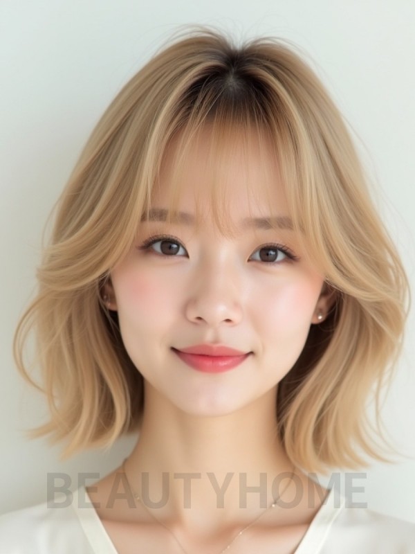 샌드 블론드 턱선 그라데이션 단발+시스루뱅