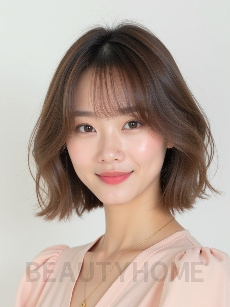 그레ige 브라운 턱선 블런트 단발+풀뱅